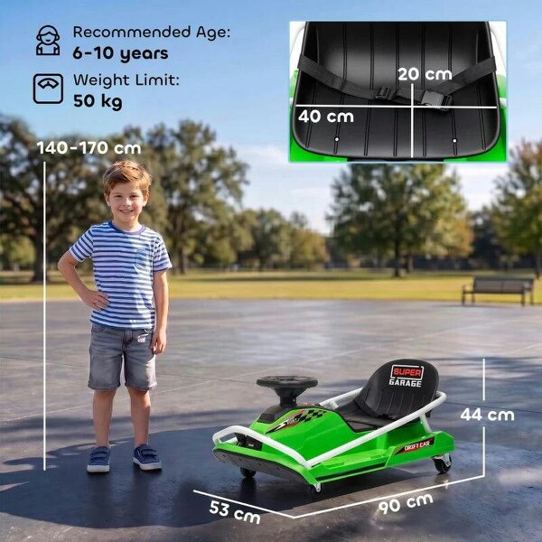 24V Electric Go Kart for Kids with Drift Mode, 300W Brushless Motor, Soft Start and Dual Speed for Ages 6-10, Green