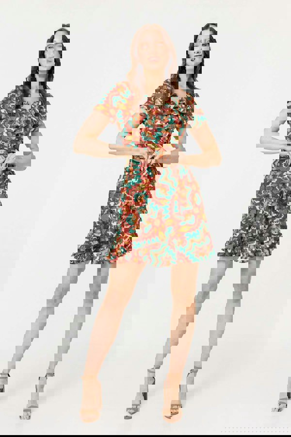 Red | Printed Ruffle Front Wrap Dress