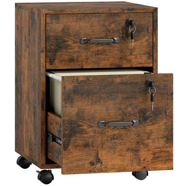 Rustic brown mobile file cabinet with two drawers, metal handles, and locking keys on casters