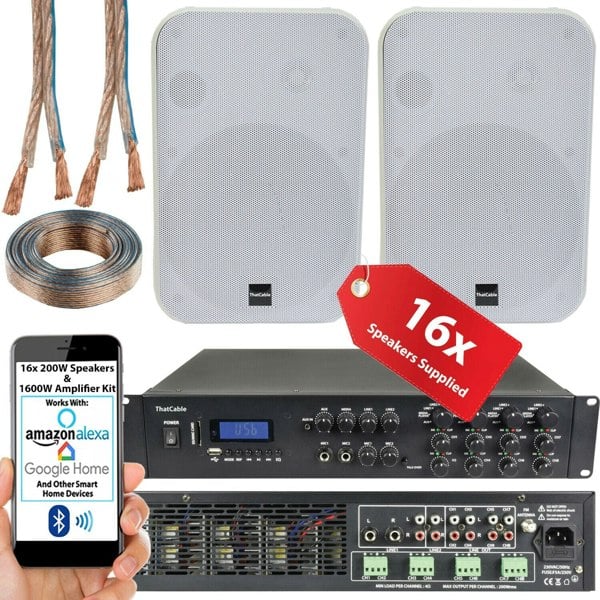 1600W Bluetooth Sound System 16x 200W White Wall Speaker 8 Zone Matrix Amplifier