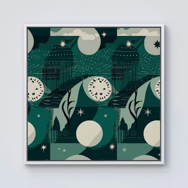 Warren Reed Abstact Green Cream Moon and Stars Framed Canvas