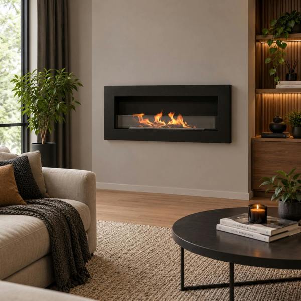 BIOFireplacesGMT Biofireplace Modern Wall Mounted Fireplace 900x400 Black Structural Matt with Glass