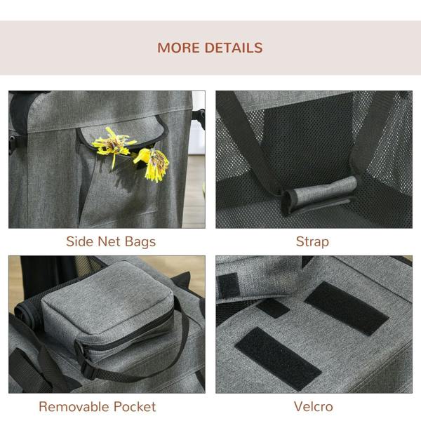 Grey pet carrier with side net bags, removable pocket, and Velcro closure panels