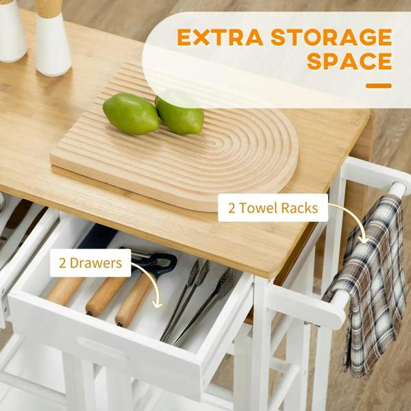 Bamboo top over white cart with two drawers and two towel racks