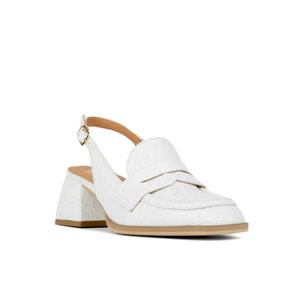 Embassy London Diana - Wedding White Women's 2.4 inch block heel sling backs in white floral emboss leather
