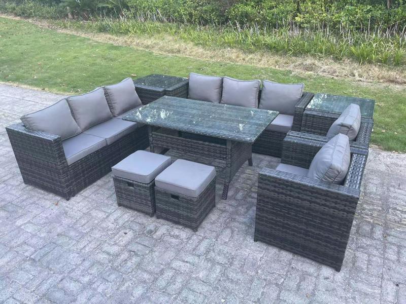 Fimous 10 Seater Wicker Rattan Garden Furniture Patio Set, Dining Table, Lounge Sofa, 2 Armchairs, 2 Side Tables, 2 Small Stools, Dark Grey Mixed