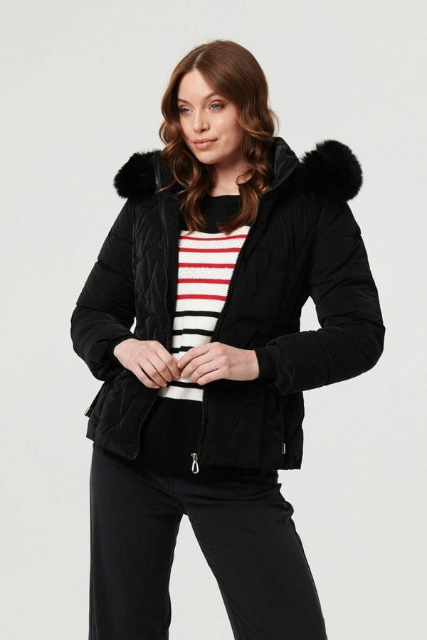 Black | Faux Fur Trim Hooded Zip-Up Jacket
