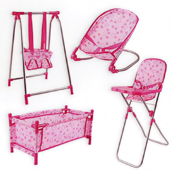 Kids Deluxe 5 -in-1 Baby Doll Pretend Play Set with Cot Bed Bouncer Adjustable Swing Seat and High Chair Accessories