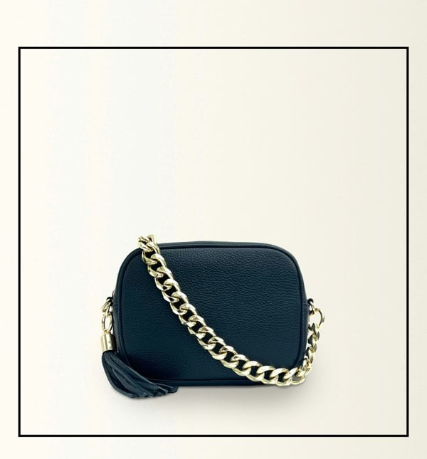 Apatchy London The Tassel Navy Leather Crossbody Bag With Gold Chain Strap