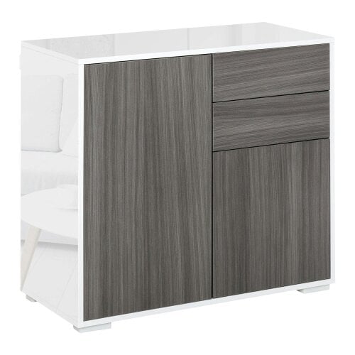 Wyld Haus Luel High Gloss White and Grey Wood Effect Compact Sideboard With Push Open Drawer and 2 Doors