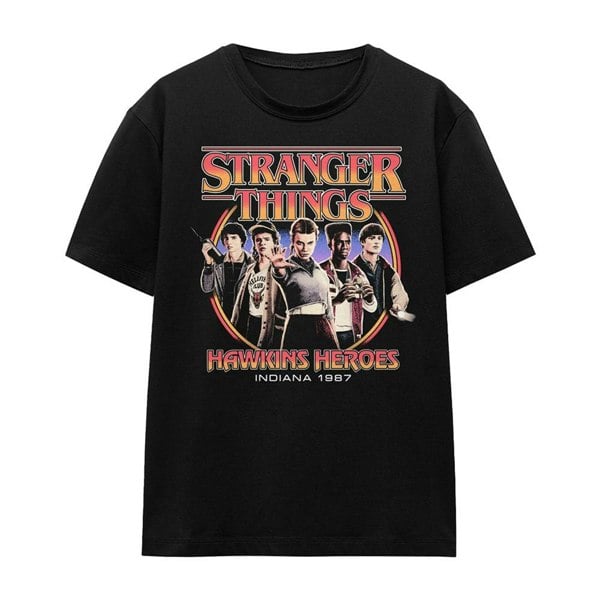 Stranger Things Womens Hawkins Heroes Group 1987 T-Shirt - Black