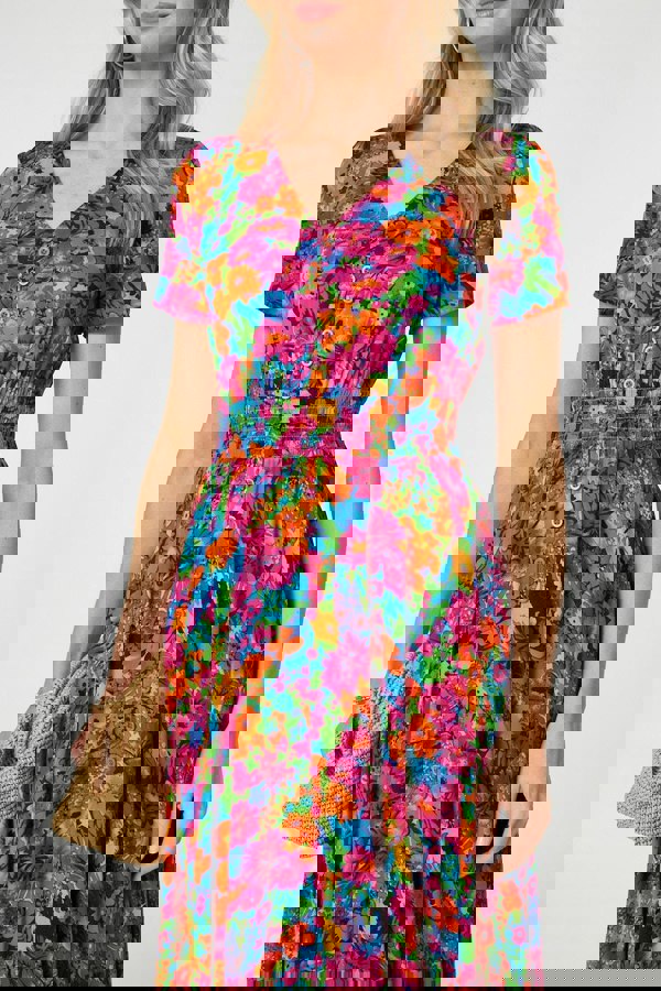 Pink | Floral V-Neck Short Sleeve Maxi Dress