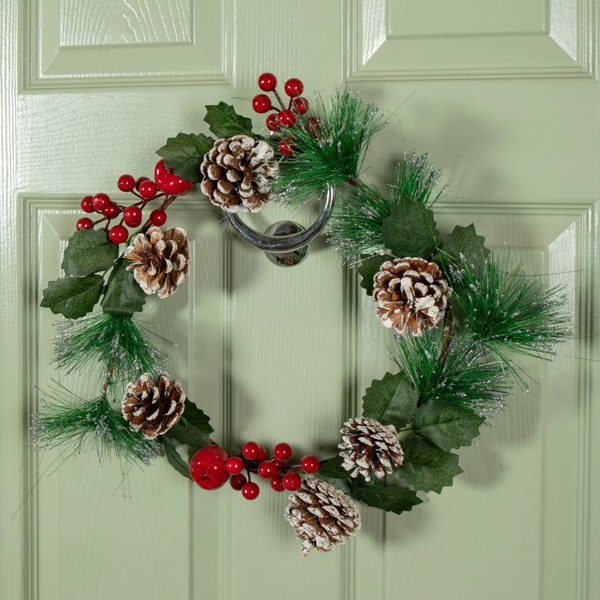 Samuel Alexander 45cm Hanging Christmas Wreath with Red Berries and Frosted Pinecones