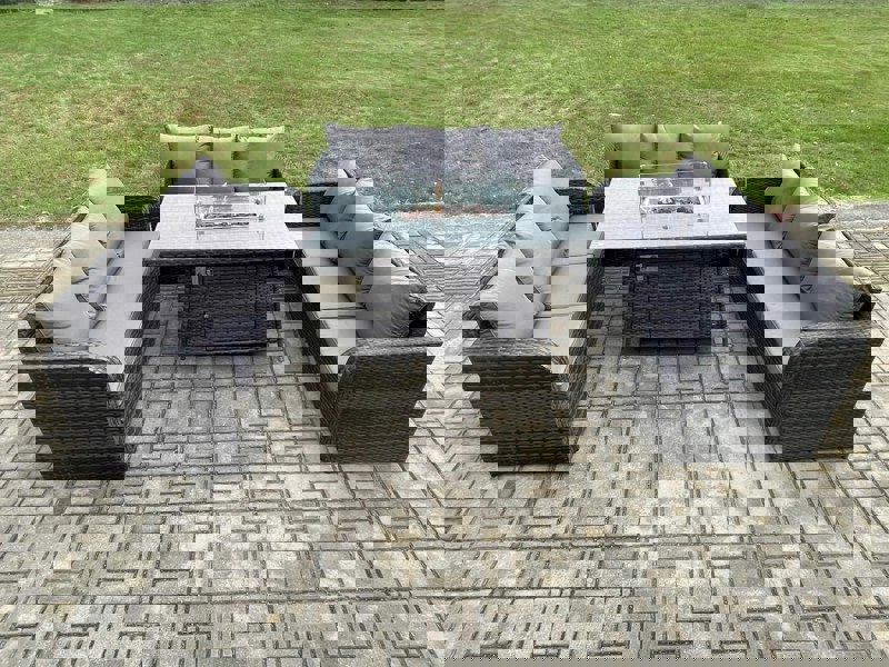 Fimous Rattan Garden Furniture Set with Fire Pit Table 4 Pieces Outdoor Lounge Sofa Set Dark Grey Mixed