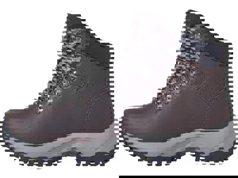 Karrimor Mendip 4 Womens Waterproof Hiking Trekking Ankle Boots, brown waterproof leather hiking boots with gray laces and rugged sole.