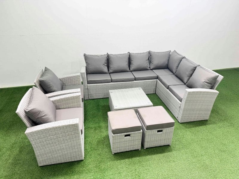 Fimous Rattan Garden Outdoor Furniture Set 10 Seater Rattan Garden Sofa Set with 2 Armchairs 2 Small Footstools Light Grey Mixed