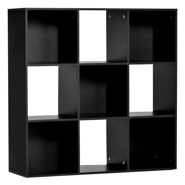 Black 9-cube storage unit with open square shelves and cubby compartments