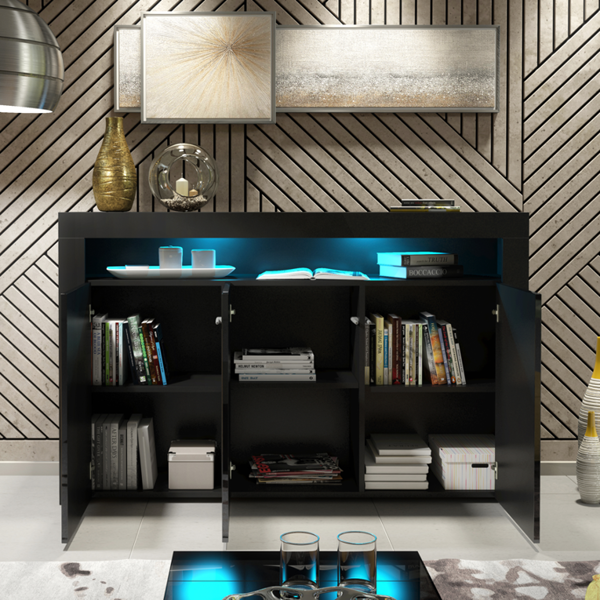 Mex Furniture 155cm Sideboard TV Stand Cupboard Cabinet – Black High Gloss Doors with Free LED
