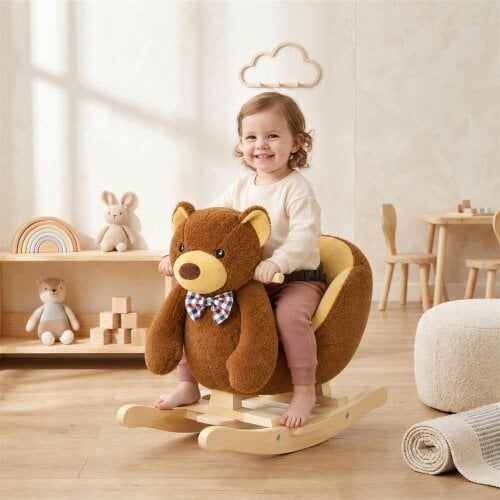 AIYAPLAY Cartoon Bear Wooden Rocking Horse Toy Musical Plush Seat Belt Brown