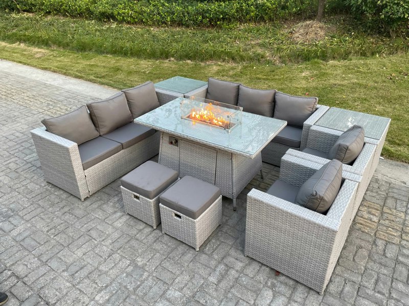 Fimous Rattan Outdoor Garden Furniture Set with Gas Fire Pit Table, 2 Sofas, 2 Side Tables, 2 Chairs, 2 Foot Stools - 10 Seater - Light Grey