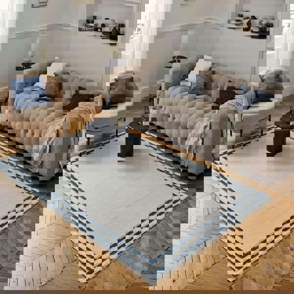 Bordered Living Room rug, blue-cream colours, stain-resistant and non-shedding