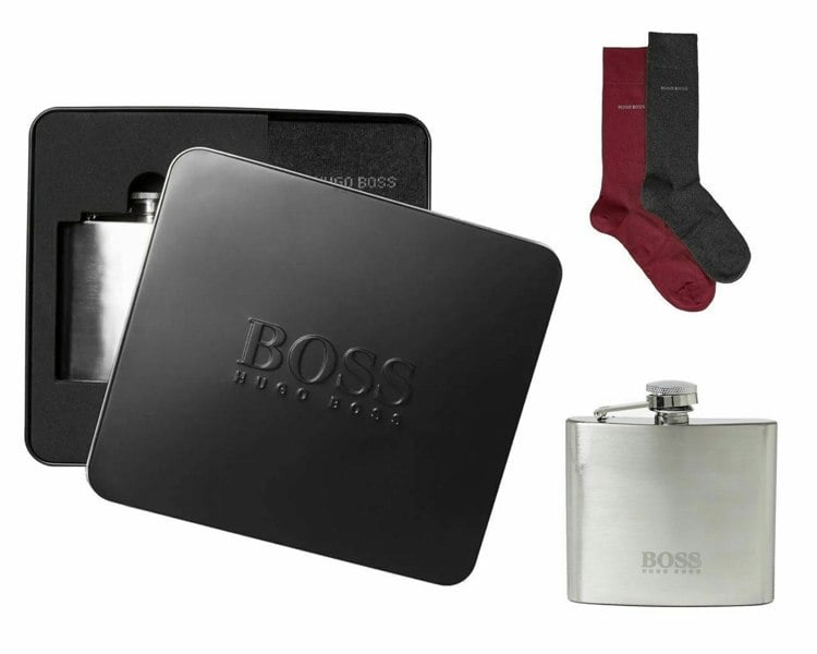 Hugo Boss Gift Set - 2 Pairs Mens Socks (1 PAIR RED 1 PAIR DARK GREY) UK SIZE 6-11 with Hip Flask