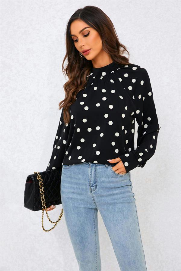 FS Collection Black Dot Print Halter Neck Blouse Top In Black