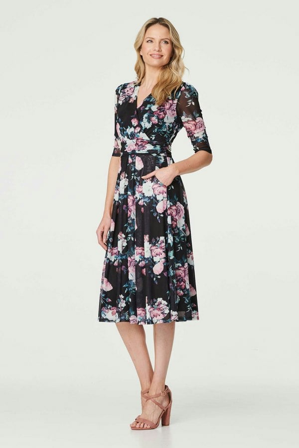 Black | Floral Ruched Midi Tea Dress