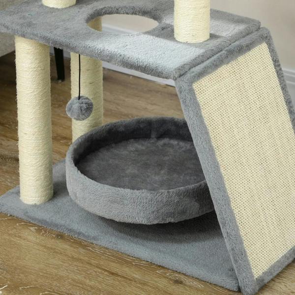Light grey cat tree tower close-up of round bed and U-shaped scratching ramp