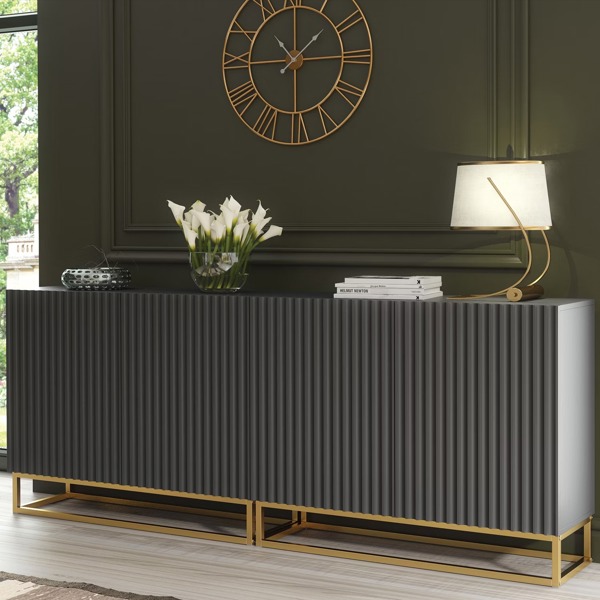 Mex Furniture Sophisticated Grey Sideboard with Fluted Fronts & Gold Legs – 200cm Storage Unit