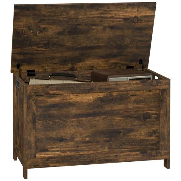 Rustic wooden storage chest with lift-up lid and cut-out handles, dark brown finish