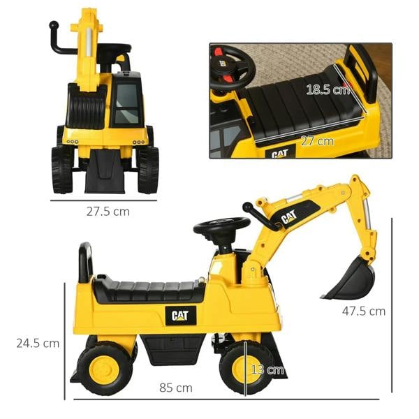 Yellow CAT ride-on digger toy with manual shovel and black seat, side and top views