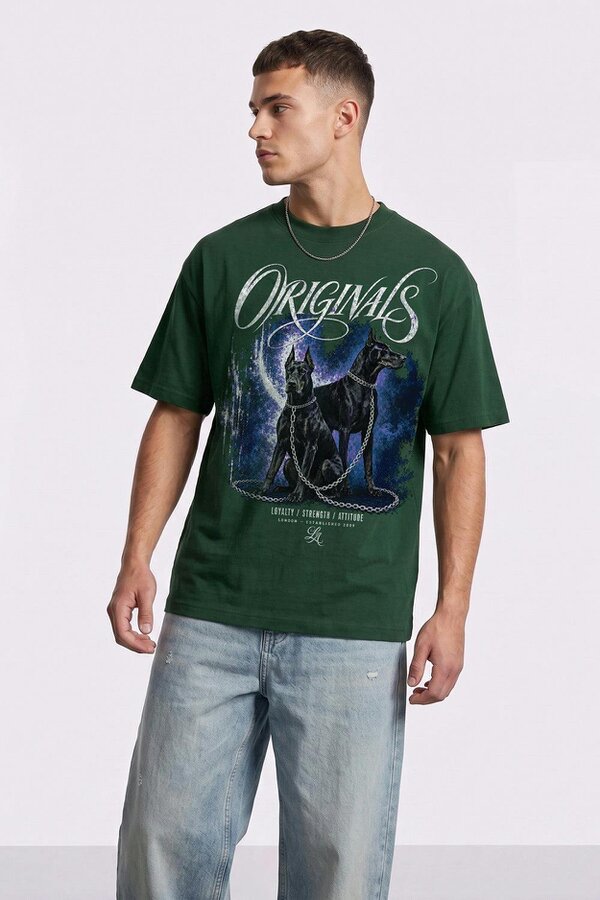 London Attitude Doberman Oversized Heavyweight Graphic T-Shirt - Forest green