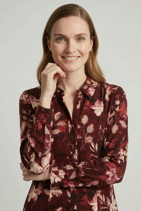Red | Floral Long Sleeve Button-Up Midi Dress