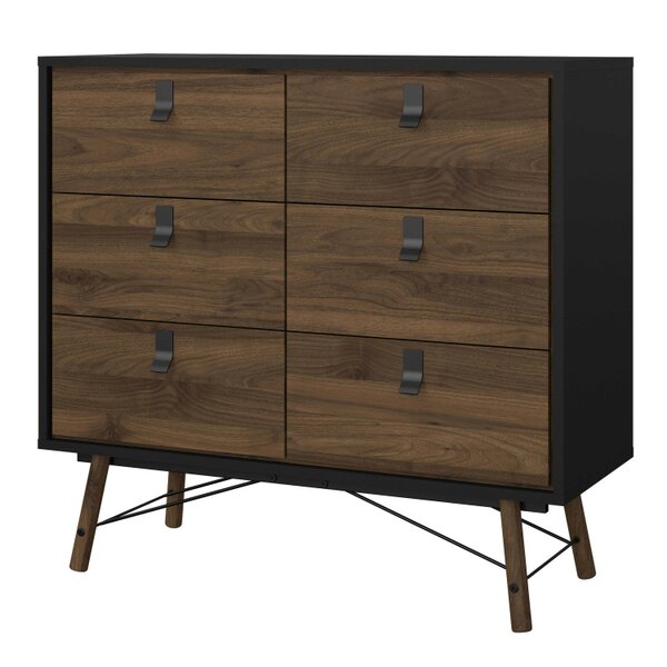 Wyld Haus Juno Black and Walnut Wood Double Chest of Drawers 6 Drawers