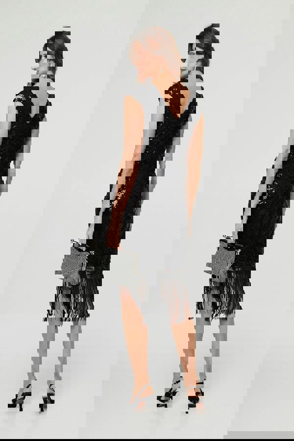 Black | Sequin Embellished Fringed Midi Dress
