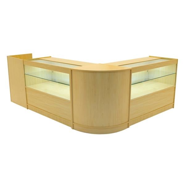 Maple LED shop counter set featuring a sleek, modern design with glass display sections and a smooth, polished finish
