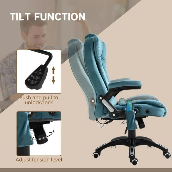 Blue velvet massage recliner chair showing tilt controls and rolling base wheels