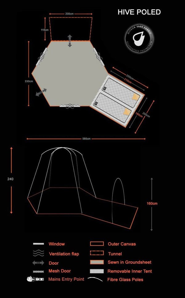 An info graphic depicting the product dimensions of the Hive Campervan Awning Fibreglass Poles - with Sleeping Pod from OLPRO.