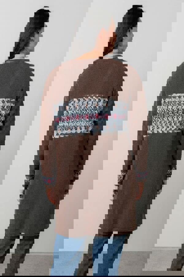 Lily & Me Isle Longline Fair Isle Knit Cardigan Chocolate