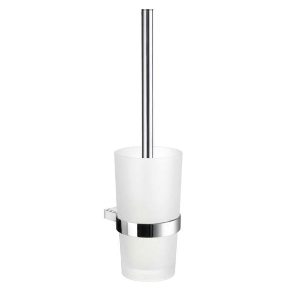 Polished chrome toilet brush with frosted glass holder