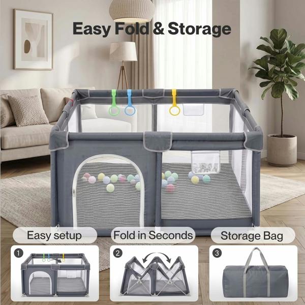 Dekko Baby Playpen 150x180cm Play Mat with 50 Ocean Balls 65cm Safe Height Grey