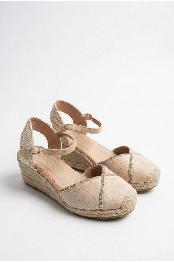Tula Rhinestone Trim Espadrille Wedges - Beige
