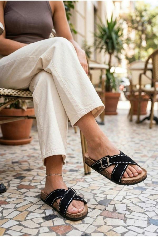 Ruby Womens Studded Criss Cross Slide Sandals - Black