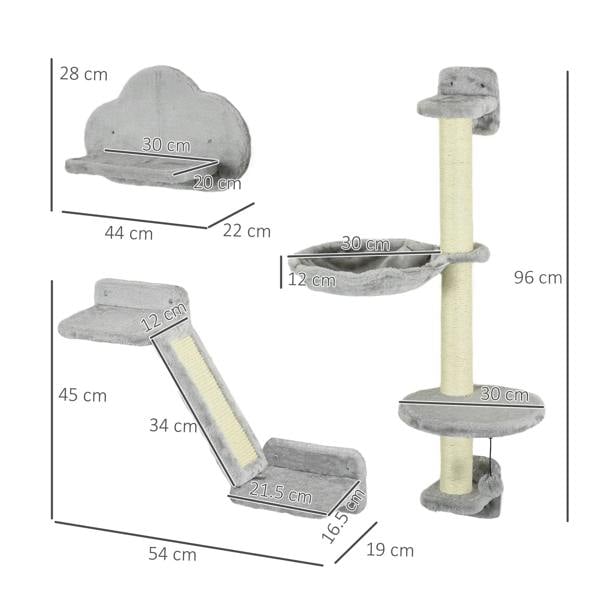 Wall-mounted cat tree layout diagram for gray shelves, hammock, ladder, and posts