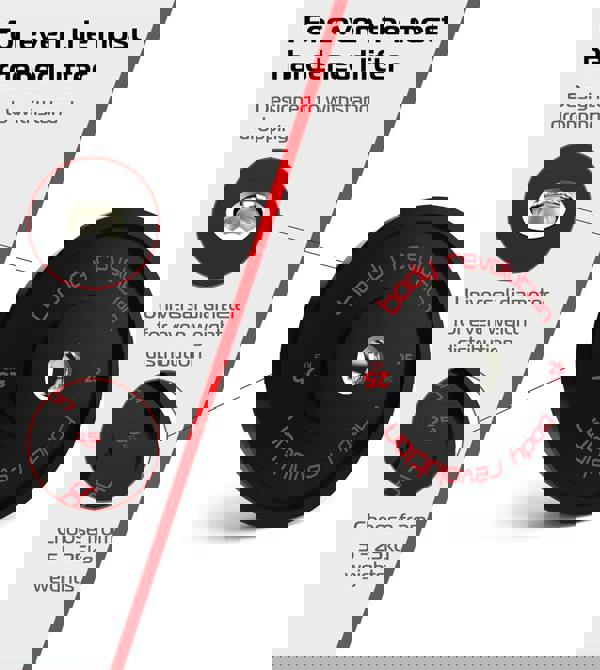 Black Olympic bumper plate set featuring 25kg weights, durable design, universal diameter, and red lettering for easy identification