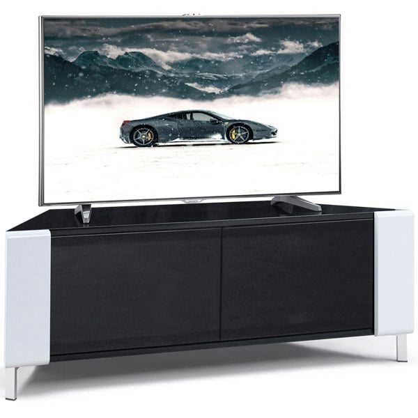 MDA Designs CORVUS Corner-Friendly Gloss Black Contemporary Cabinet with White Profiles Black BeamThru Glass Doors for Flat Screen TVs up to 50"