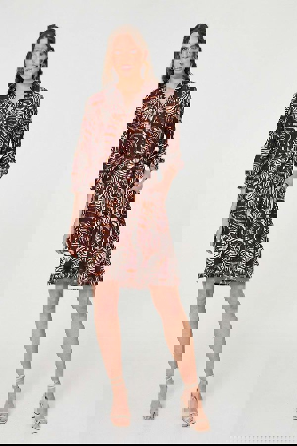 Brown | Animal Print Tie Waist Shirt Short Dress
