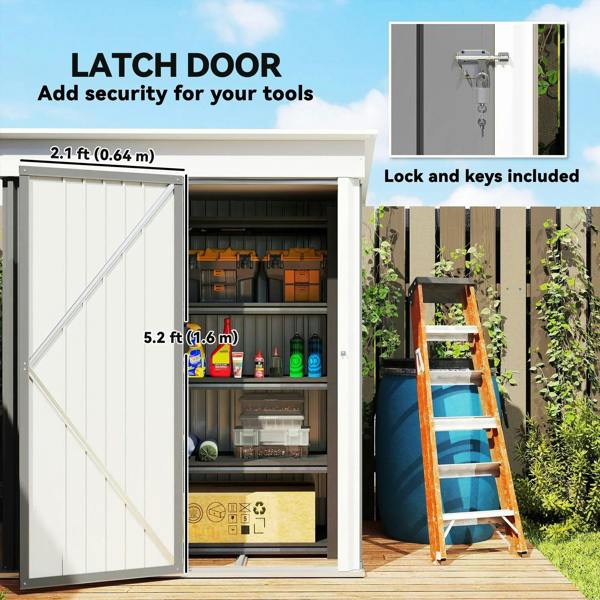 Grey metal garden shed with latched door and lock hardware, interior shelves visible