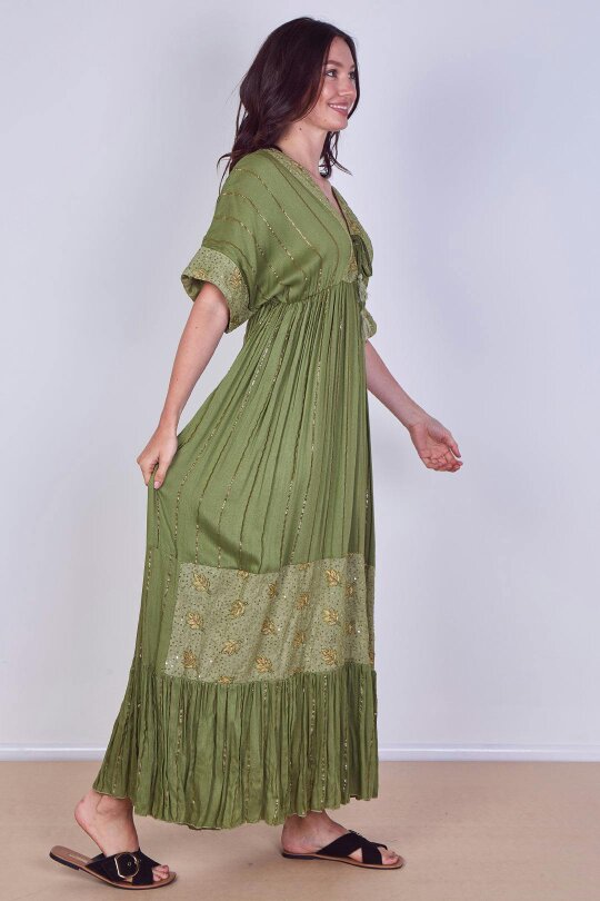 Boho Sequin leaf Embroidered Maxi Dress